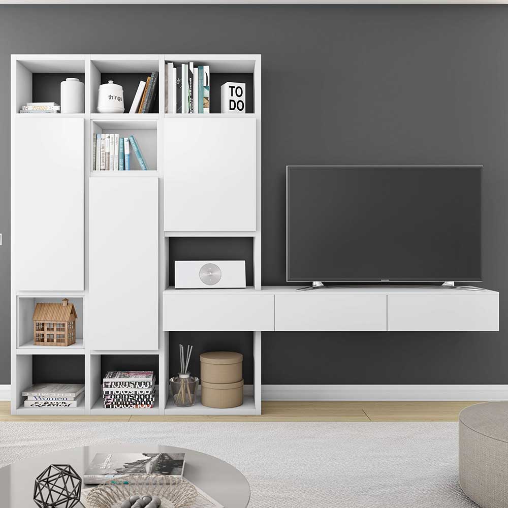 294 cm breite TV Mediawand in Weiß mit viel Stauraum Unko
