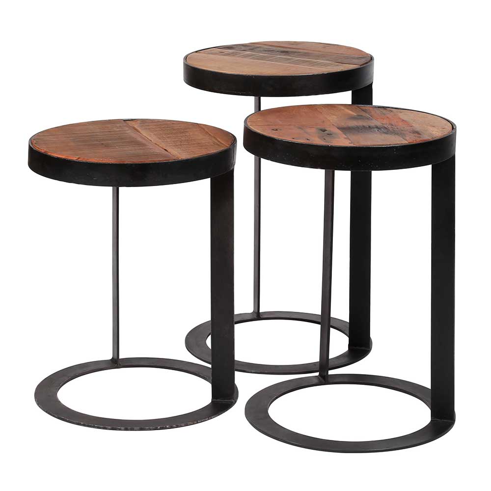 3-Satz Tisch mit runder Tischplatte aus Hartholz & Ringgestell Metall Ashger