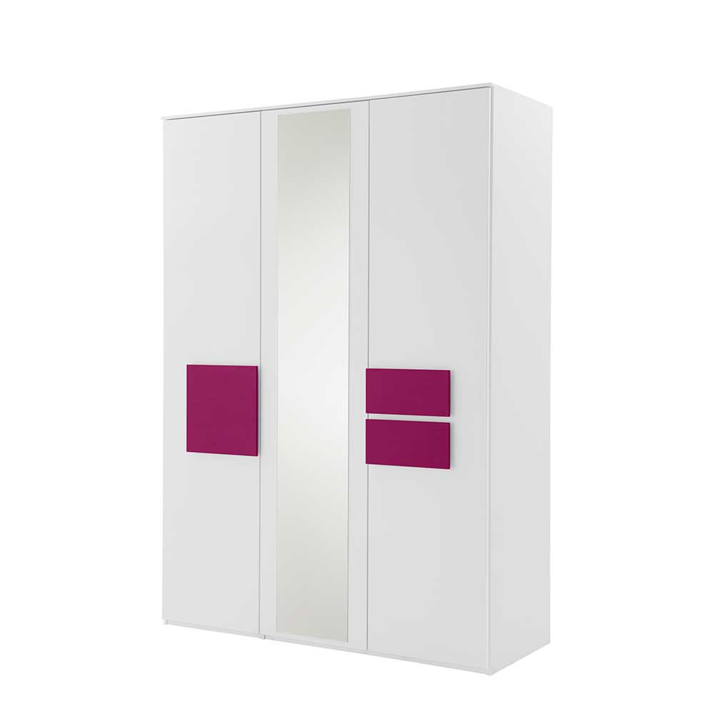 3-türiger Kleiderschrank Spiegel 152cm breit Weiß mit Pink Calaas