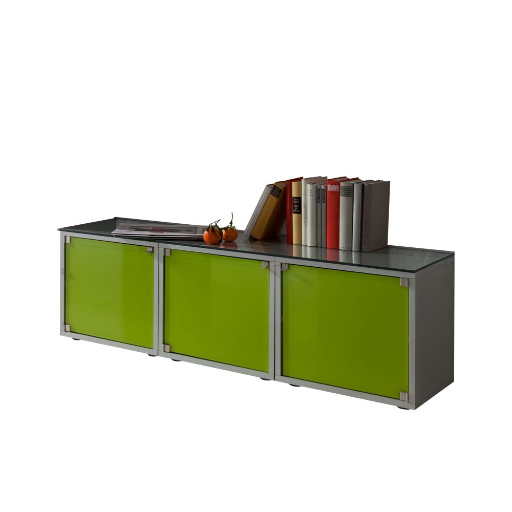 3-türiges Lowboard mit Glas Türen in Grün & Korpus in Silber 135x40x35 Leaf