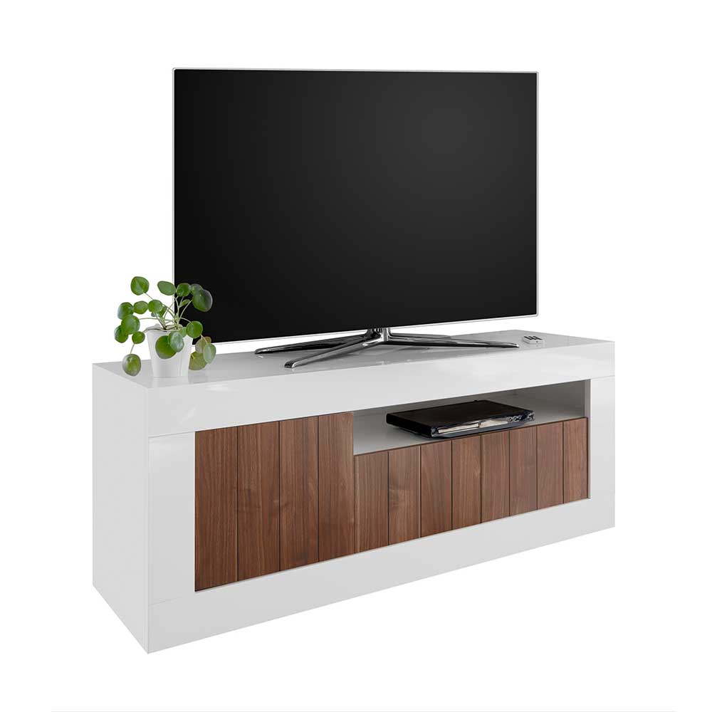 3-türiges TV Board in Nussbaum Dekor & Weiß Hochglanz - 138x56x43 Heres