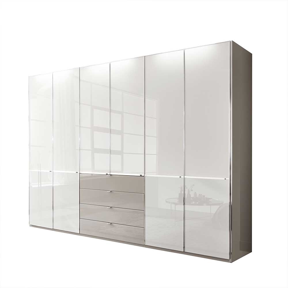 300 cm Kleiderschrank mit Glas in Weiß & Grau - 6-türig & Schubladen Erienvo