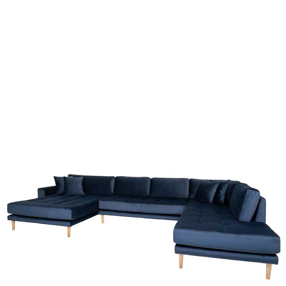 370x78x220 Samt U-Form Couch in Blau & Natur Holzbeine Dominico