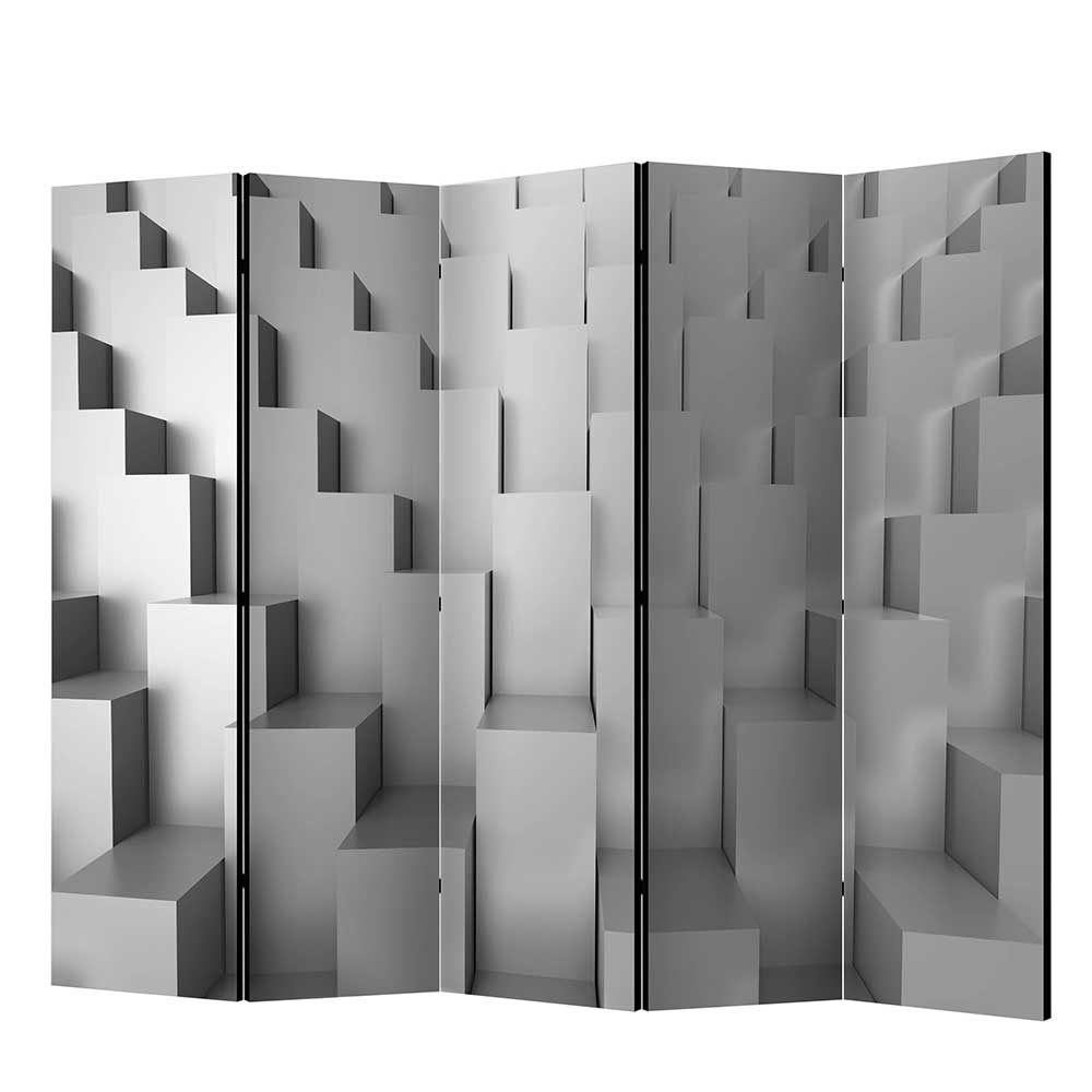 3D Effekt Paravent in Grau Weiß aus fünf Elementen Jule