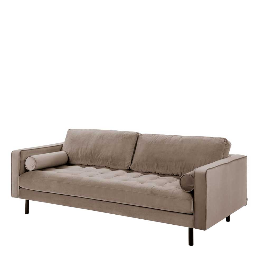 3er Couch aus Samt in Taupe mit Holzbeinen in Schwarz Olli