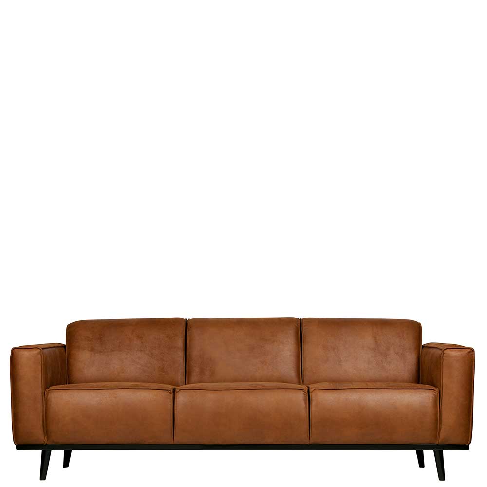 3er Leder Couch in Braun Cognac Recyclingleder mit Holz Schwarz Sunhide