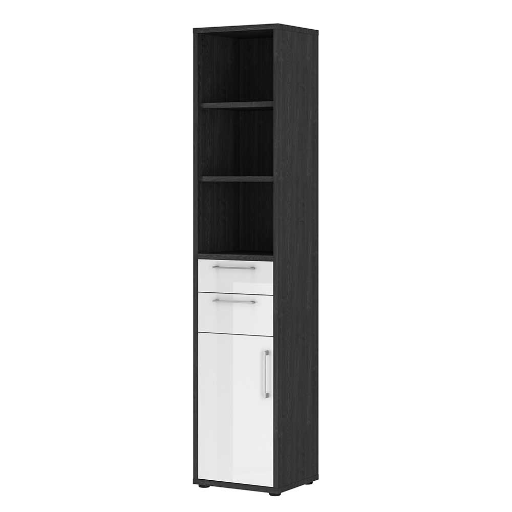 48 cm breiter Büroschrank mit 222 cm Höhe in Weiß HG & Eiche Grau Dekor Xena