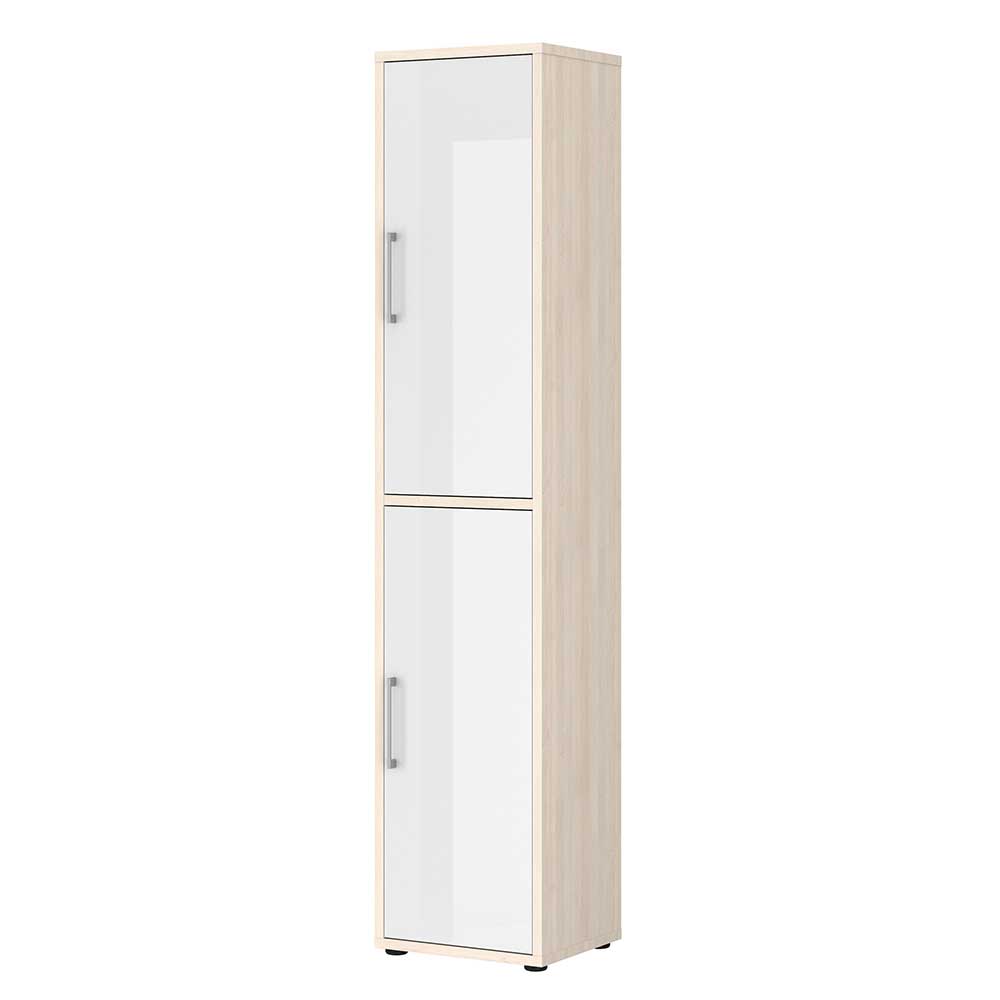 48x222x41 cm Office-Schrank mit zwei Türen in Weiß Hochglanz & Holz White Wash Sojette