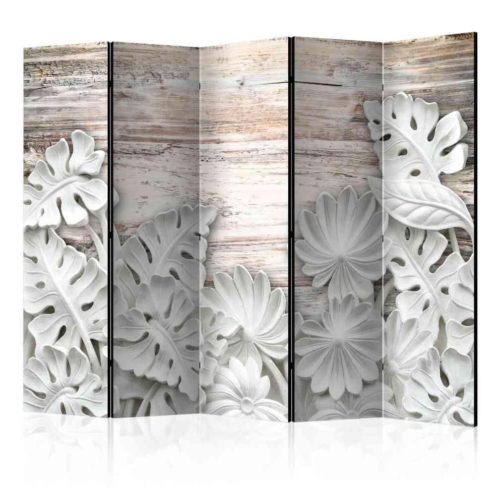 5-teiliger Raumteiler in Grau Beige mit Blüten & Blättern in Weiß Lutz