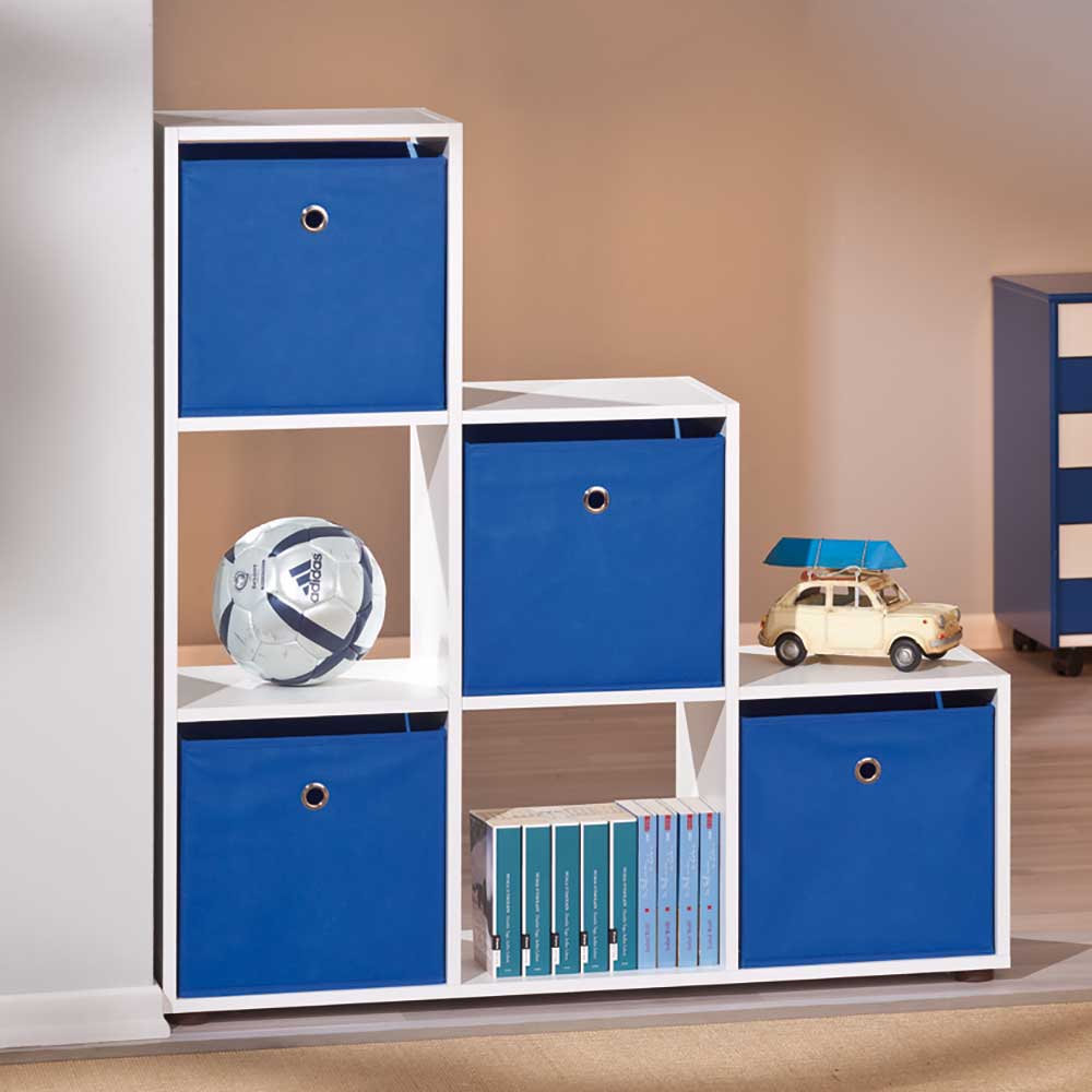 6 Fächer Raumtrennregal in Weiß mit vier Textil Boxen in Blau Cespa
