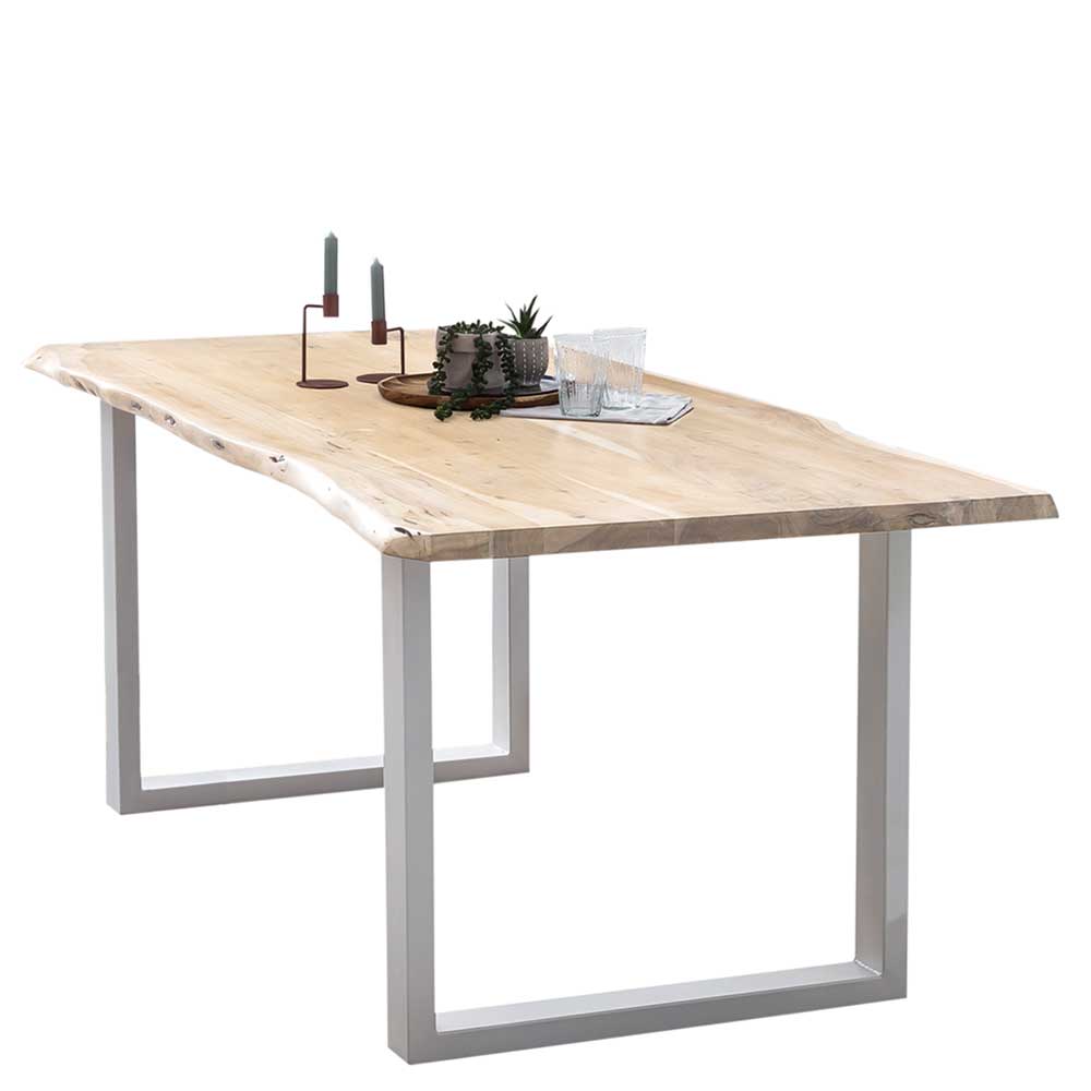 6 Größen White Wash Tisch mit Baumkante Akazie & U-Gestell Weiß Sievanda