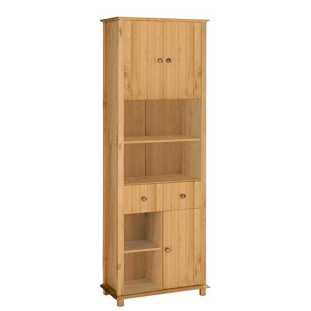 60x175x30 Bad Hochschrank aus Holz Kiefer - 3 Türen & 4 Fächer & 2 Schubladen Akzinad