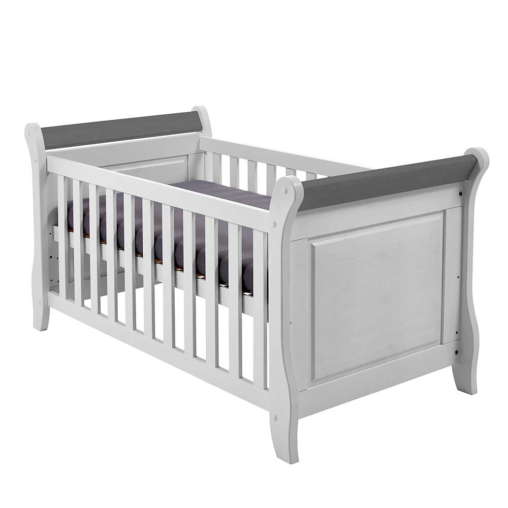 70x140 Scandi Style Gitterbett für Kinderzimmer in Weiß & Grau aus Kiefer Mirandesca