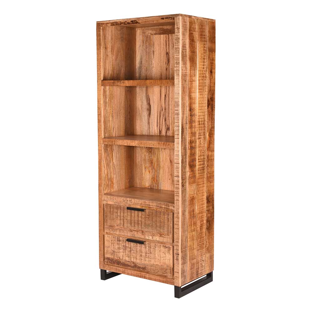 70x185x45 Regal mit Rückwand massiv aus Holz mit 3 Fächern & 2 Schubladen Sledias