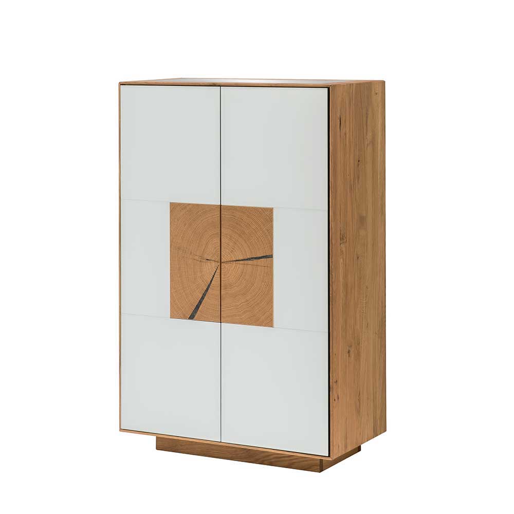 72x112x37 Design Schrank mit Glas Deckel in Weiß & Wildeiche Mandrey