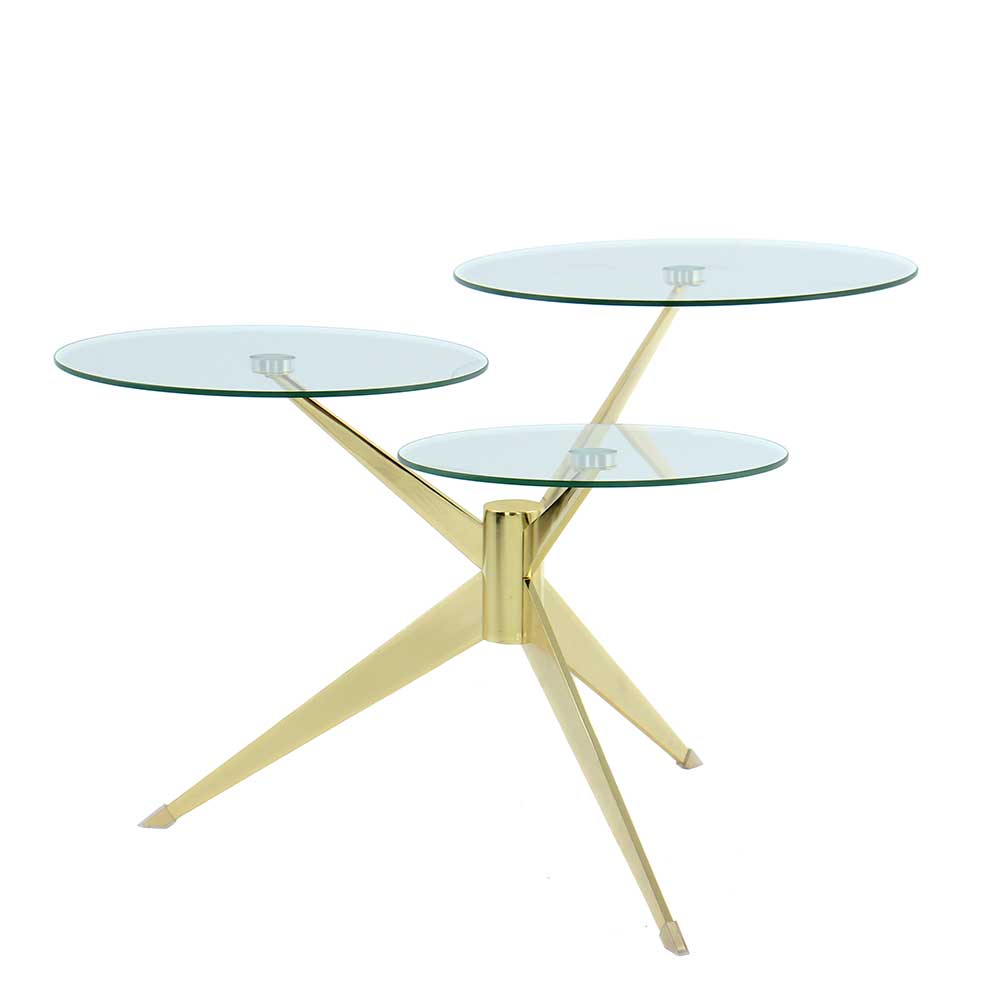 75x46x60 Designertisch mit 3 Glas Platten in Rund & Metallgestell Gold Liceandro