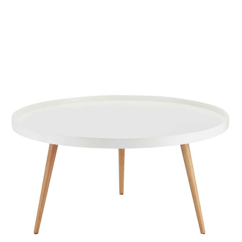 90cm runder Wohnzimmer Tisch mit 3-Fußgestell in Weiß MDF & Buche Holz Xantus