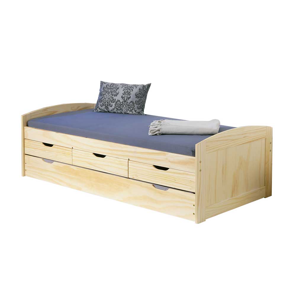 90x200 Bett mit Ausziehbett & Schubladen aus Kiefer Massivholz Alejandro