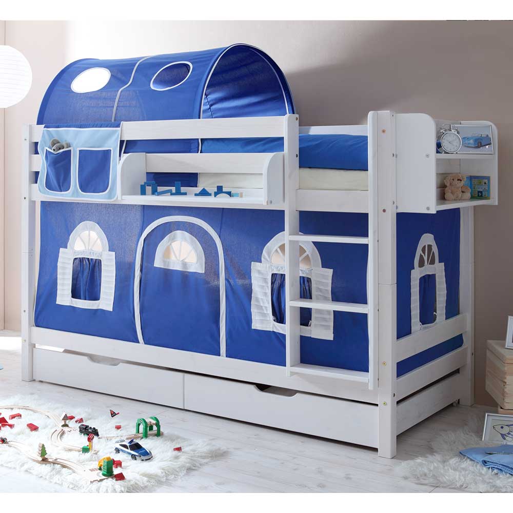90x200 Kinder-Etagenbett aus Kiefer in Weiß mit Stoff Ausstattung Blau Sedcory