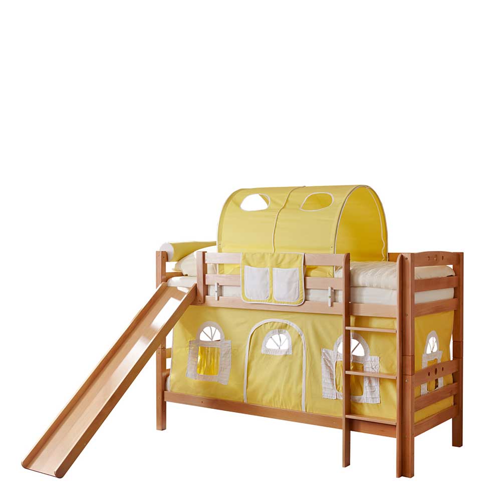 90x200 Kinder Stockbett mit Rutsche in Buche mit Stoff Gelb Vimal