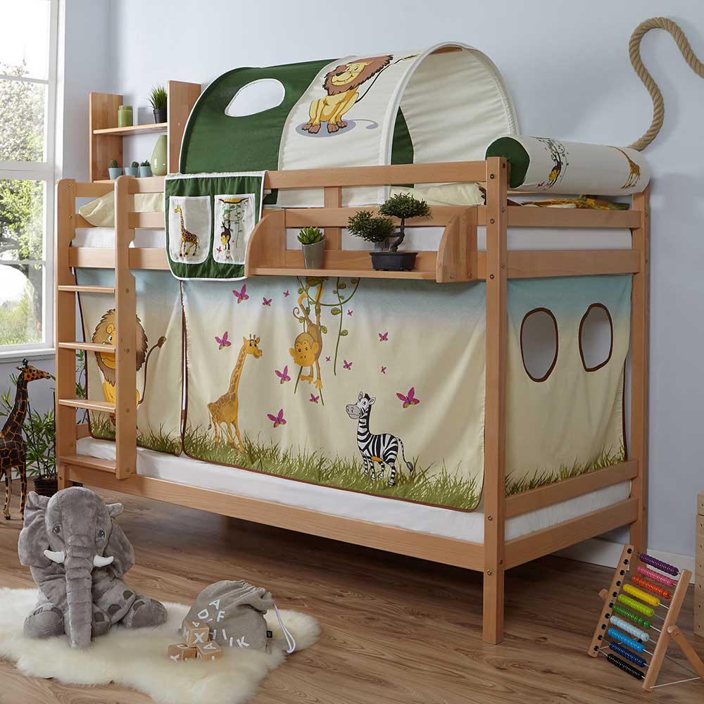 90x200 Kinderzimmer Stockbett aus Buche Natur mit Stoff Set Tiere aus Afrika Trapany
