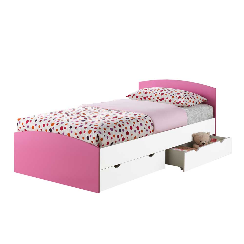 90x200 Mädchen Bett in Weiß & Pink mit Stauraum Schubladen Tulcean