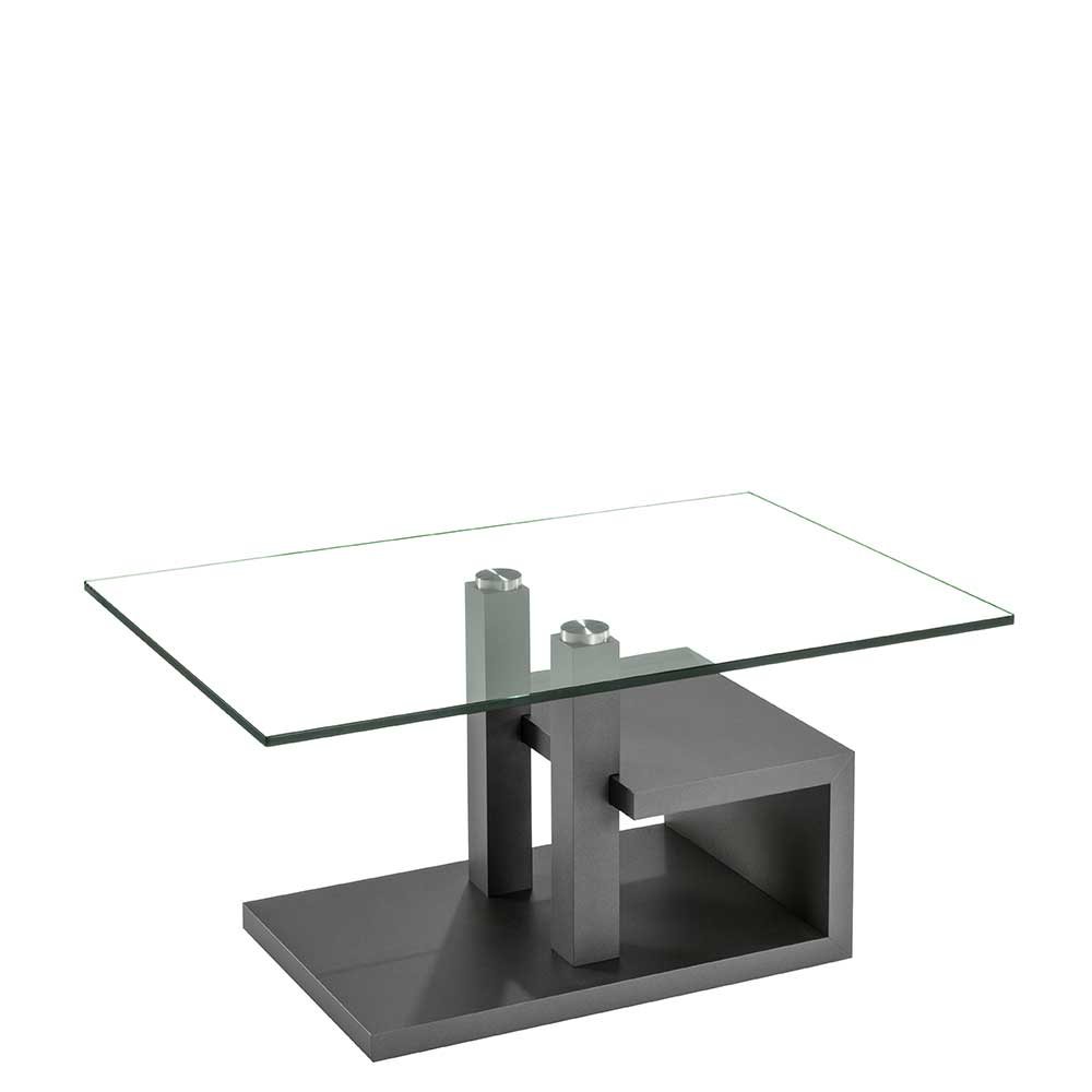 90x60 cm Glastisch fürs Wohnzimmer mit Rollen & Sockelgestell Anthrazit Geoloro