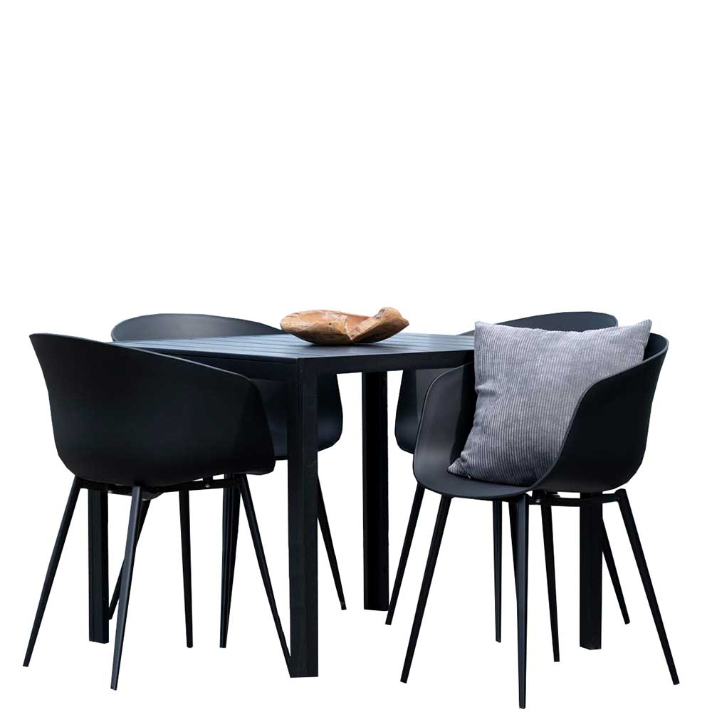 90x90 Gartentisch & 4 Schalenstühle mit Armlehnen in Schwarz Grau Diego