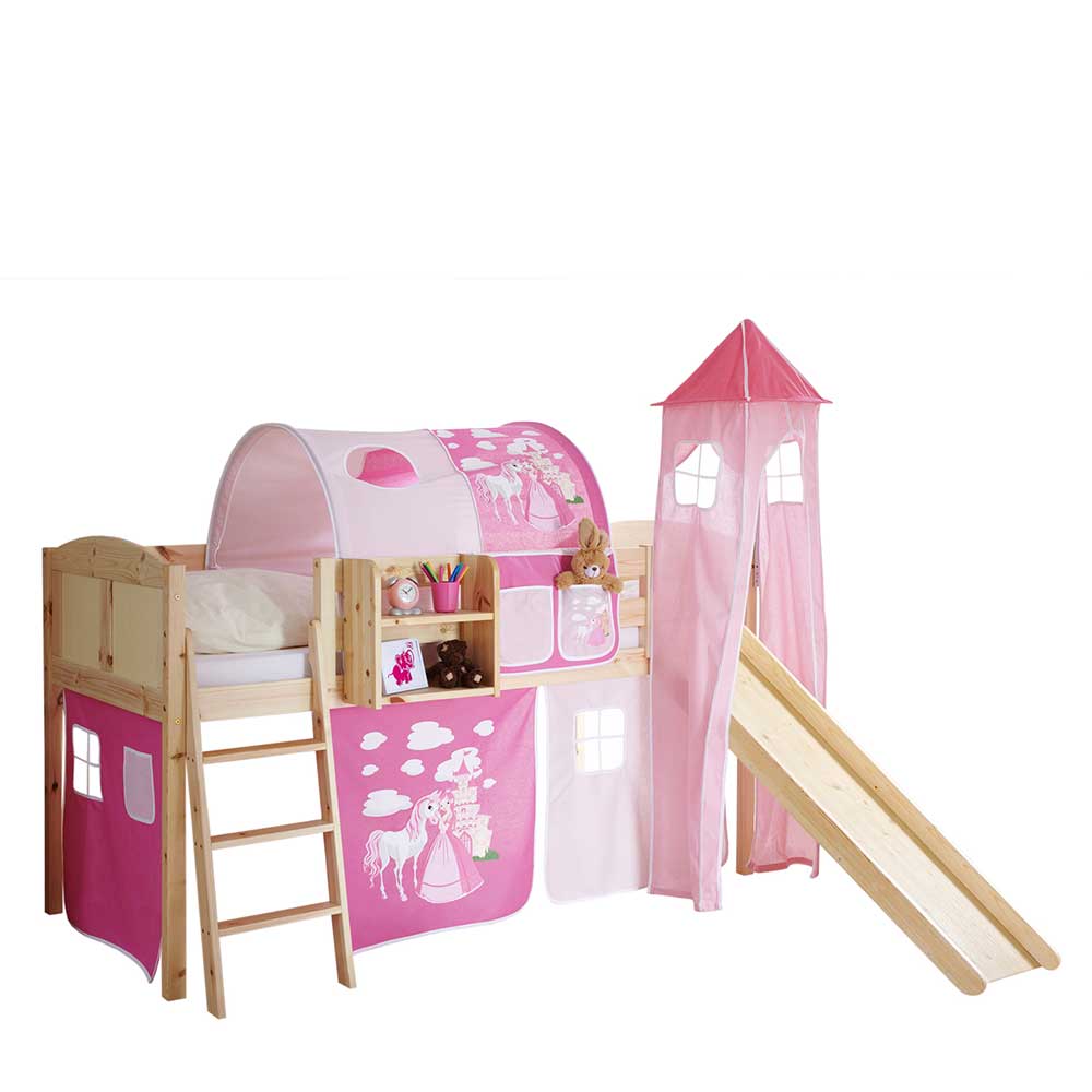 96x118x206cm Mädchenbett mit Rutsche & Turm & Tunnel & Vorhang - Pink Rosa Earl
