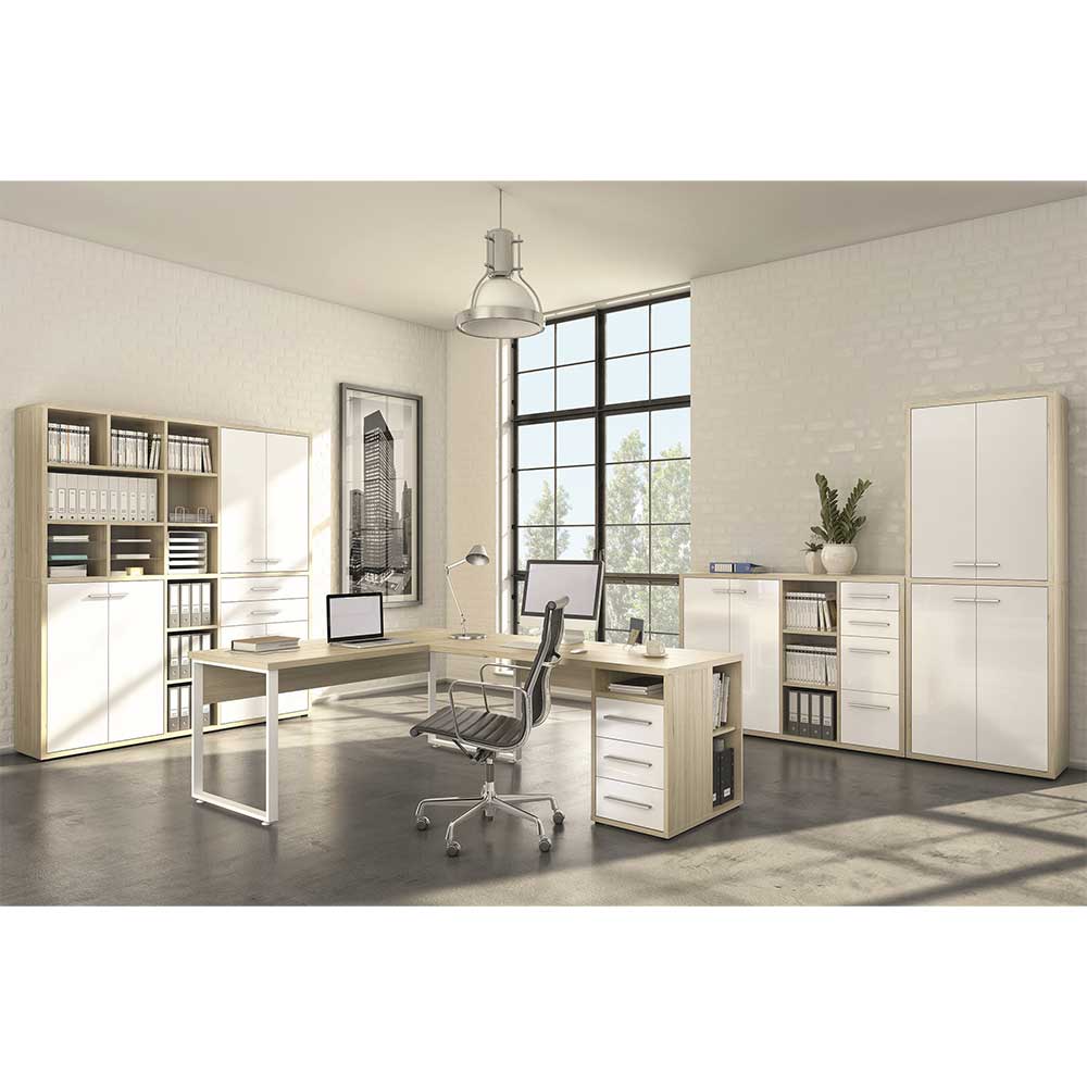 Arbeitszimmer Büromöbel Komplett-Set in Weiß & Eiche Dekor Xedno