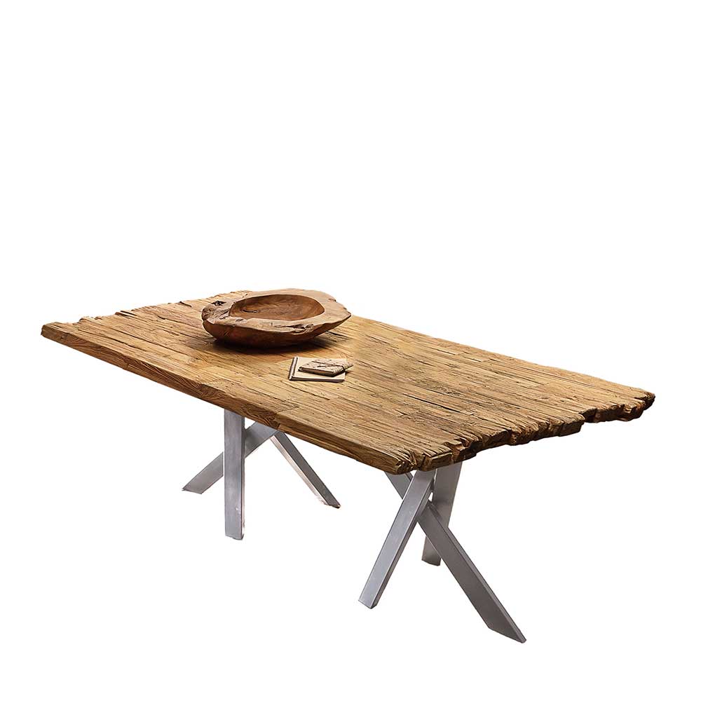 Ausgefallener Tisch mit rustikaler Teakplatte Altholz & 6-Fußgestell in Altsilber Cosma