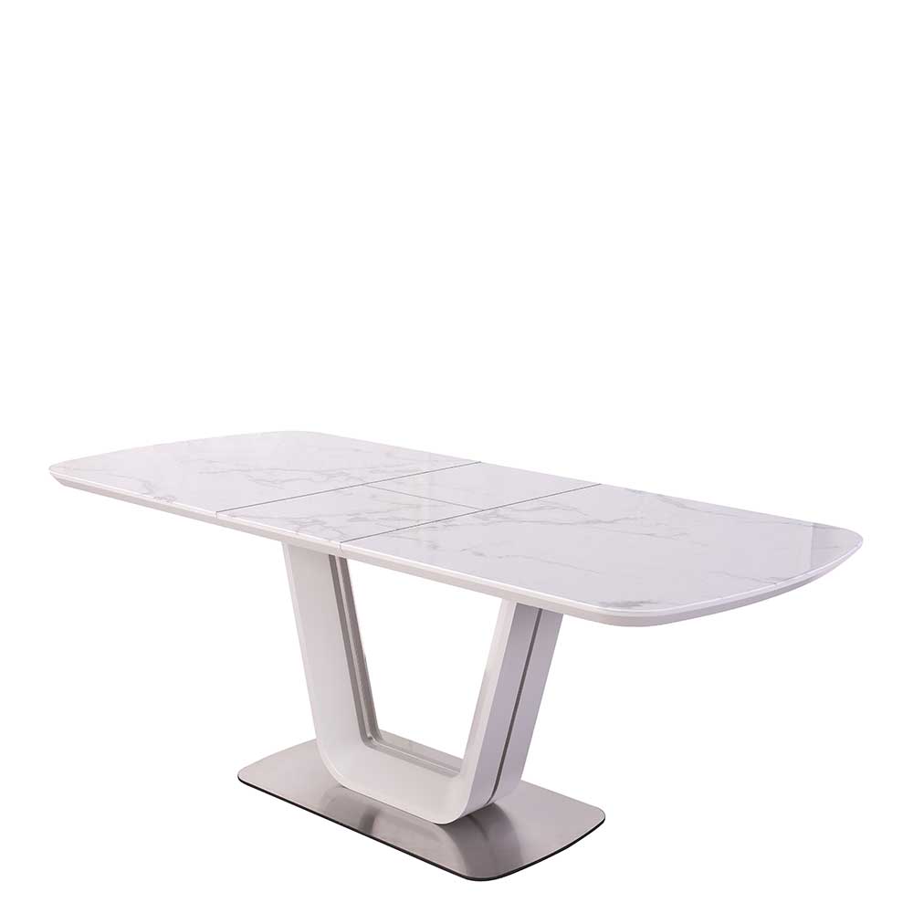 Ausziehbarer Tisch mit Glasplatte Marmor Weiß und V Fußgestell modern Praki