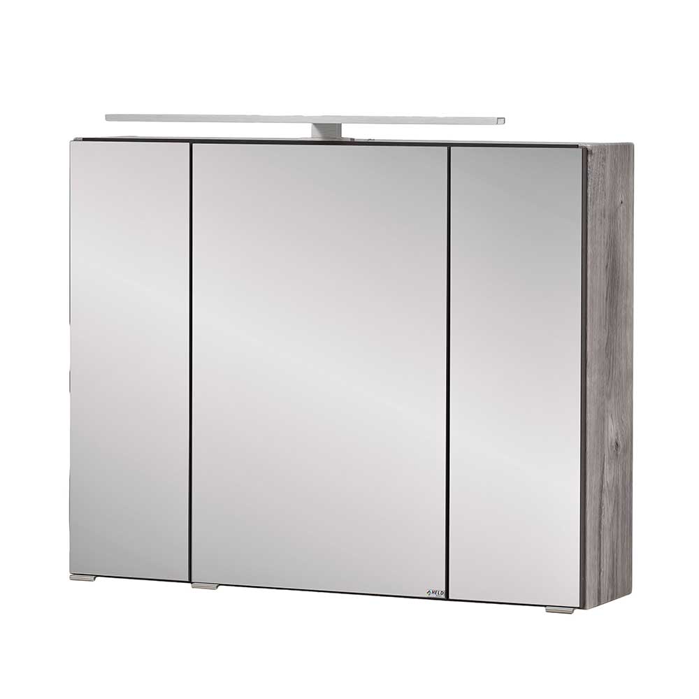 Bad Spiegelschrank 3D in Eiche Grau Holzoptik mit Aufsatzleuchte LED Svegaria