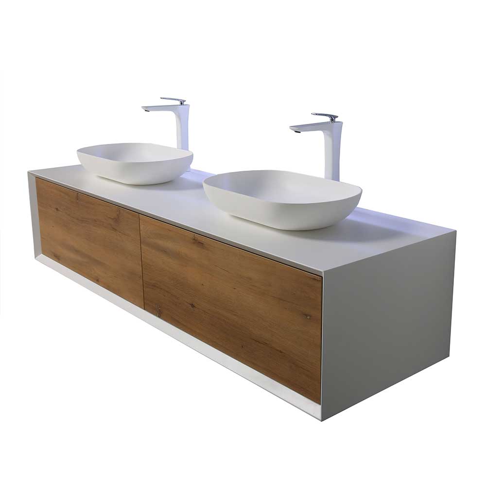 Badezimmer Waschtisch mit zwei Becken in Weiß & Esche - 3 Breiten Valamir I