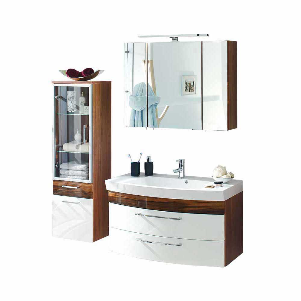 Badezimmermöbel Set Waschtisch groß 100cm breit Weiß Walnuss Hochglanz Badajoz