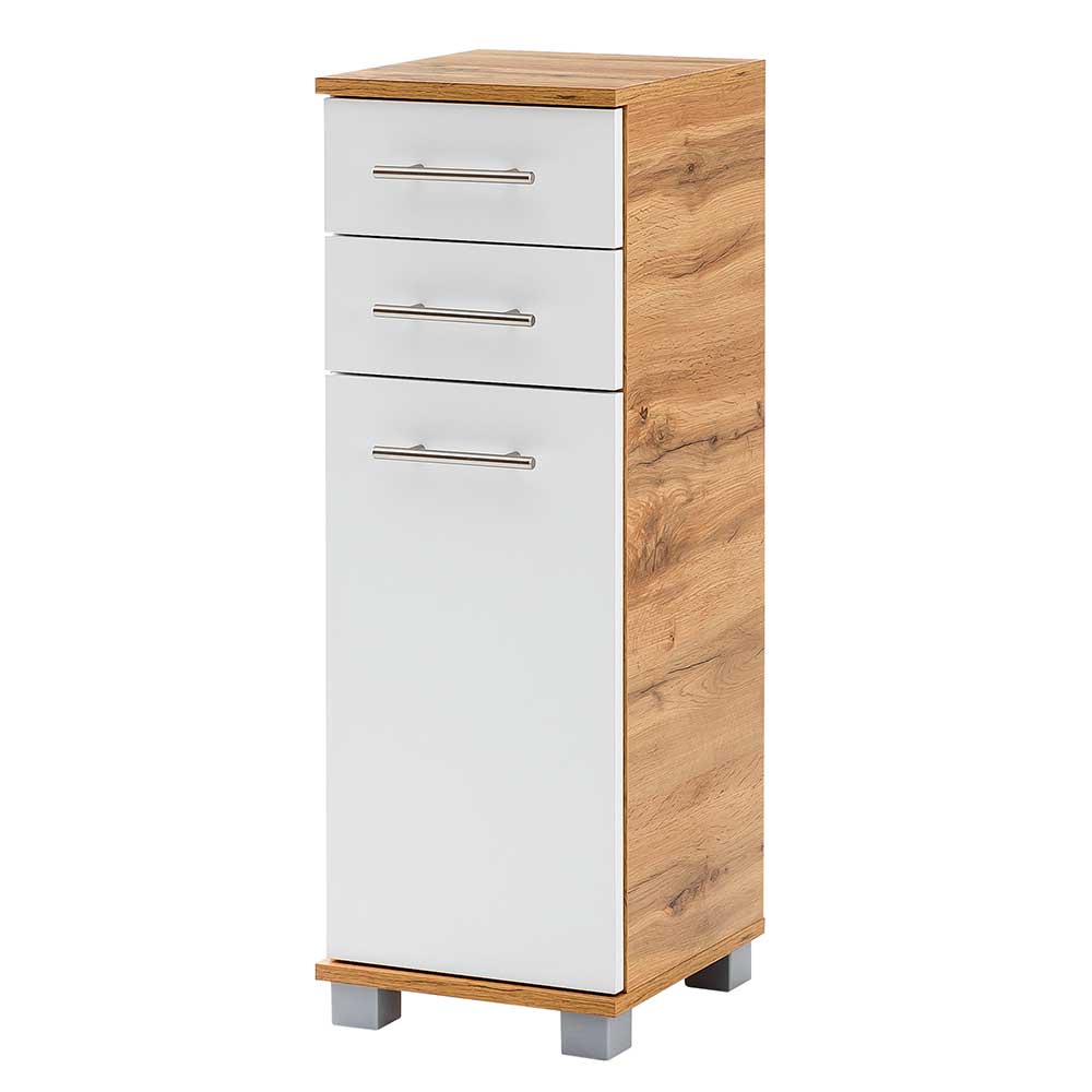 Badschrank mit Tür & zwei Schubladen in Weiß & Eiche Optik Kristiv
