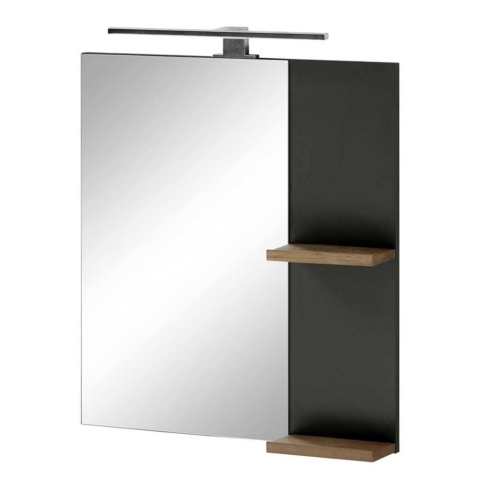 Badspiegel mit Regal Ablagen 60 cm breit in Anthrazit & Eiche - LED optional Inlenzia