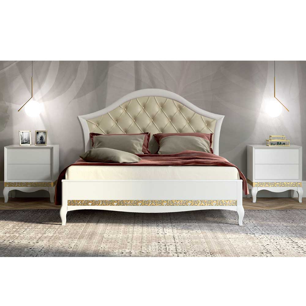 Barock Design Bett & Nachtkommoden in Weiß mit Gold Valganios