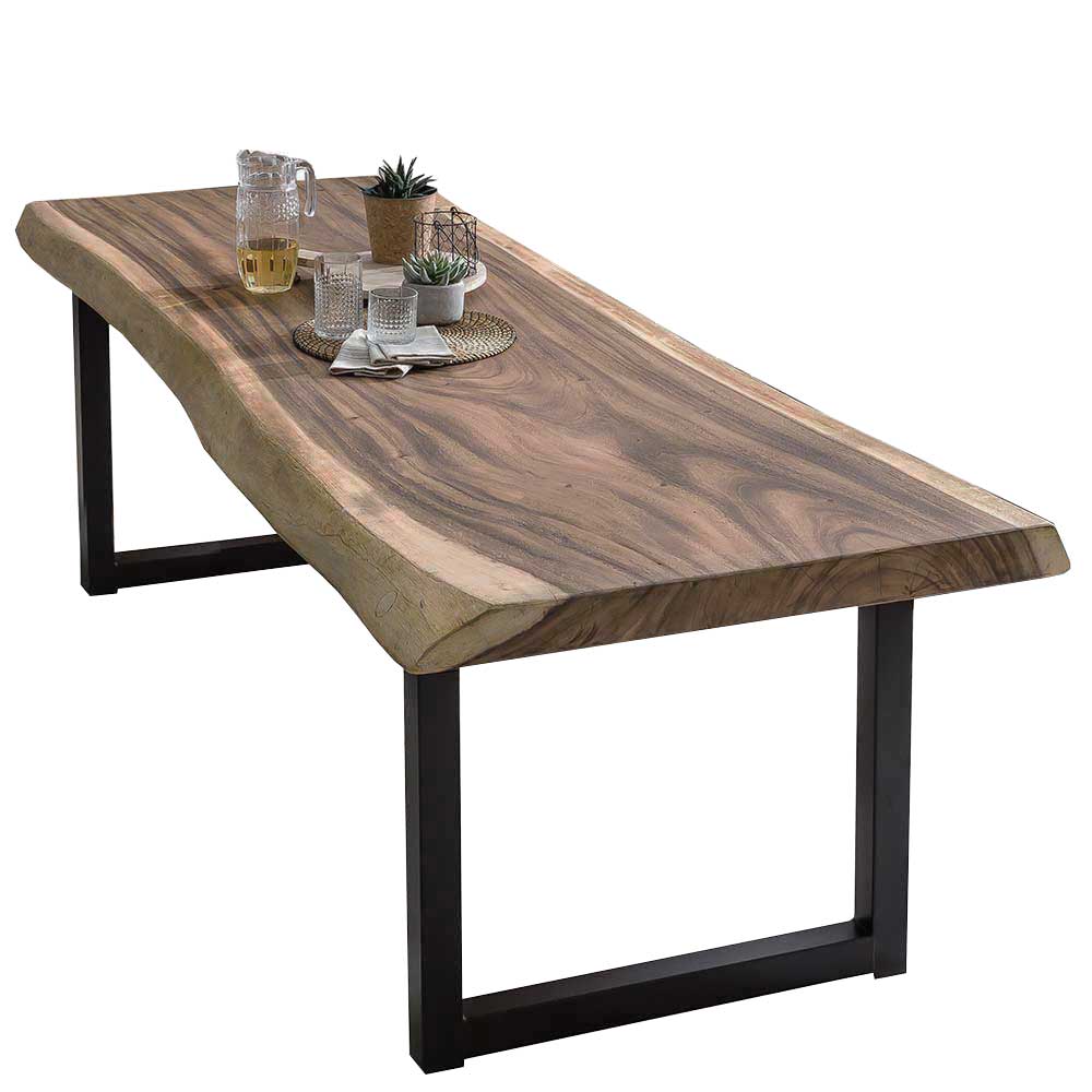 Baumkante Tisch mit Suar Massivholzplatte und Bügelgestell in Schwarz Santiry