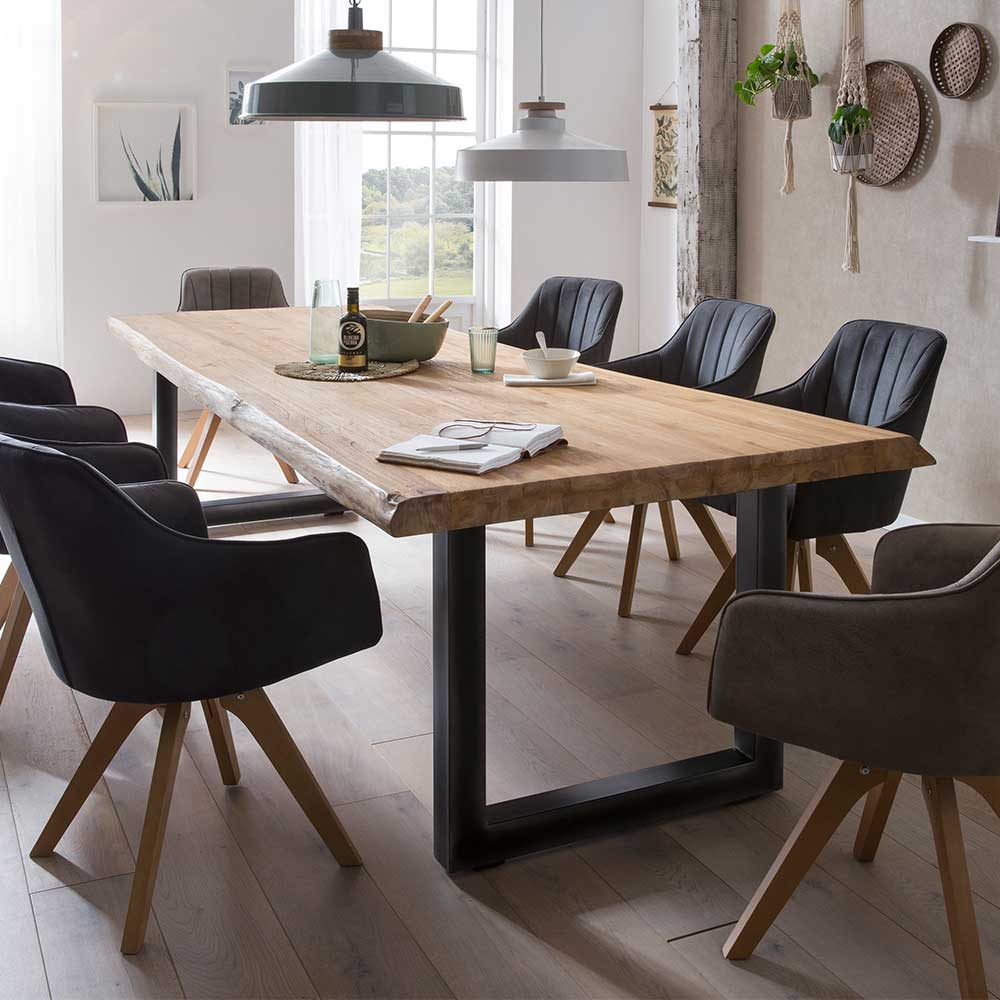 Baumkantentisch aus Teakholz mit Metall U-Füßen in Schwarz Siena