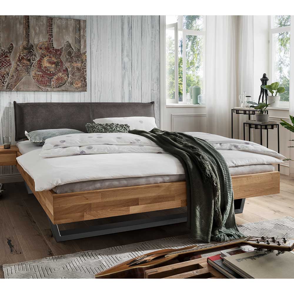 Bett mit Holzrahmen & Metallkufen & Polsterkopfteil Esvilda