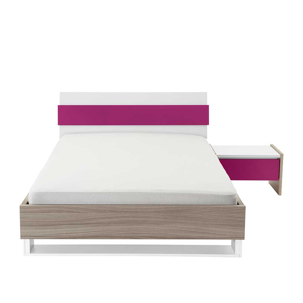 Bett mit Kopfteil Nachttisch im Set Holz-Dekor Pink Weiß Oedo