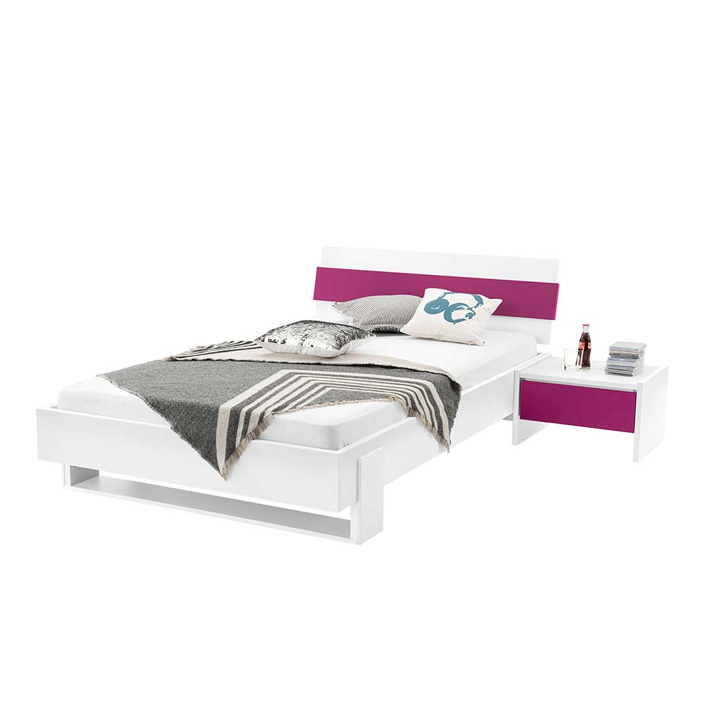 Bett und Nachtkommode Set Weiß mit Pink vier Breiten von 90cm bis 140cm Calaas