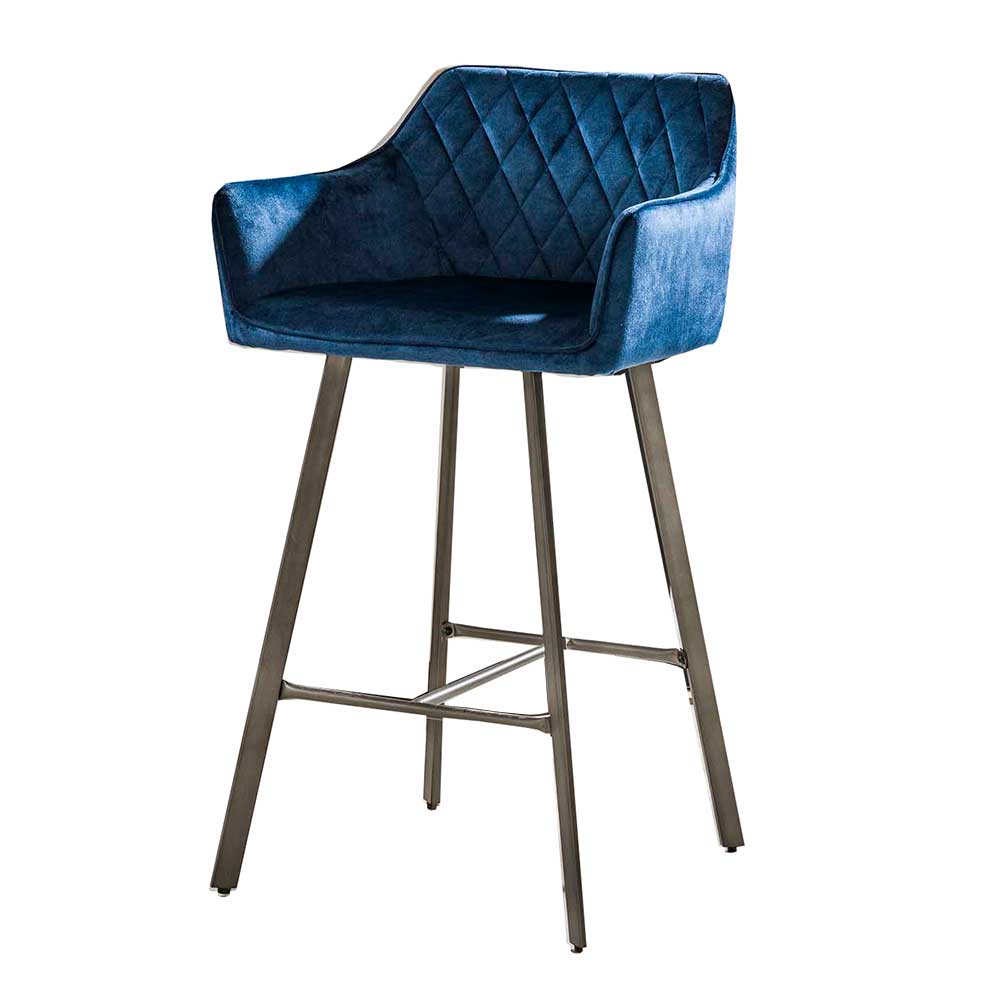 Blaue Barstühle aus Samtstoff mit Armlehnen - Gestell aus Stahl Donnira