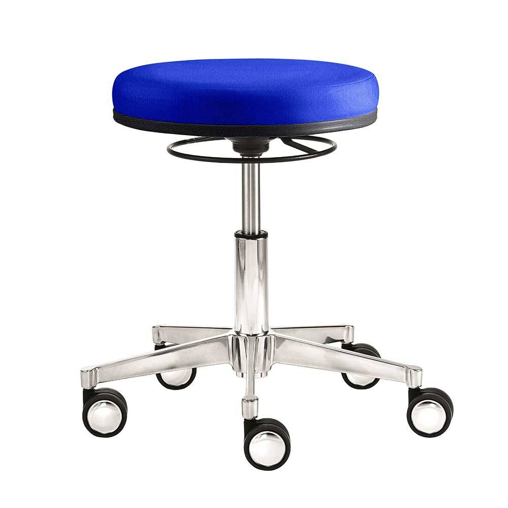 Blauer Bürohocker mit runder Sitzfläche 48cm & Alu Sternfuß mit Rollen Suprima