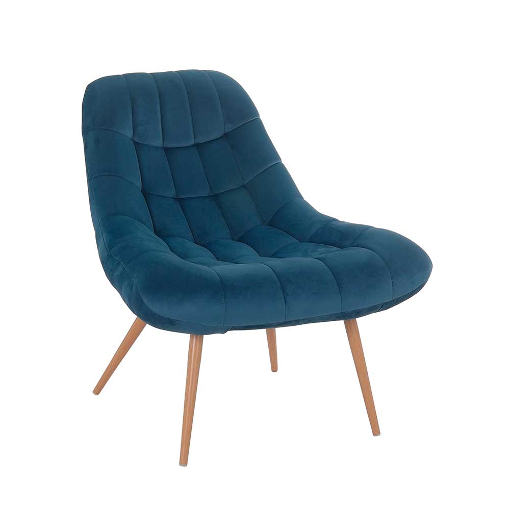 Blauer Samt Sessel ohne Armlehnen mit Metallbeinen in Holzoptik Parca