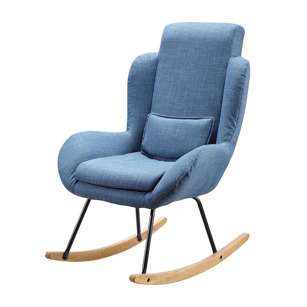 Blauer Stoff Sessel mit Kufenfüßen aus Massivholz Gummibaum Karmini