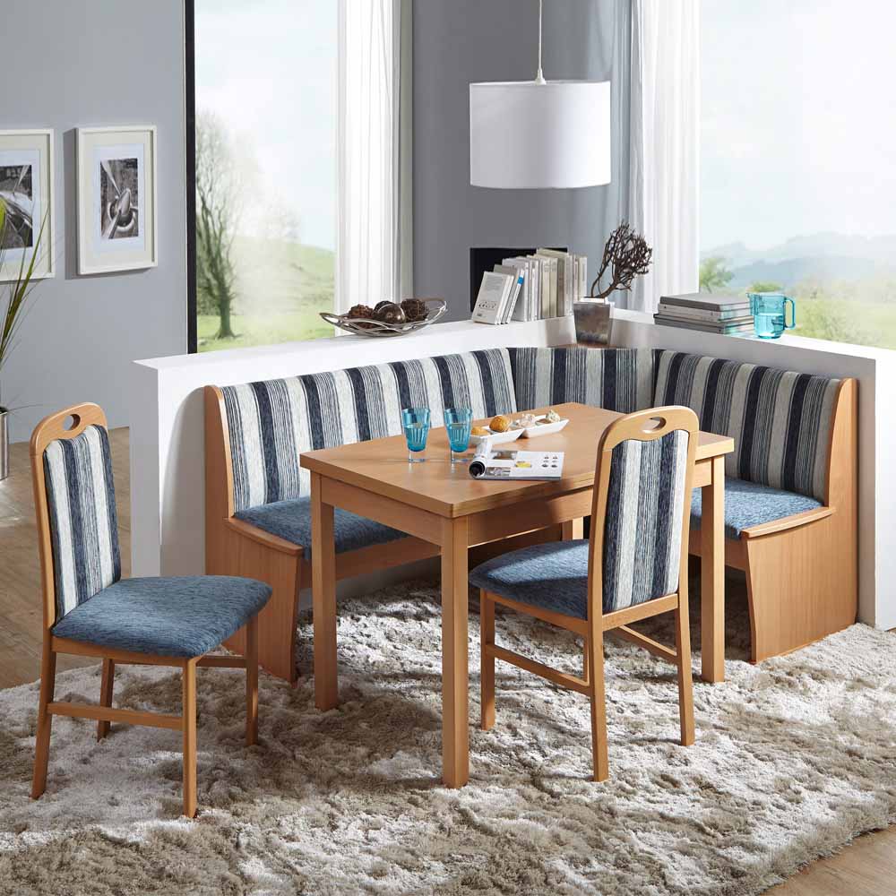 Blaues Eckbank Set Tisch verlängerbar zwei Stühle Stoff Uni und mit Streifen Sondres