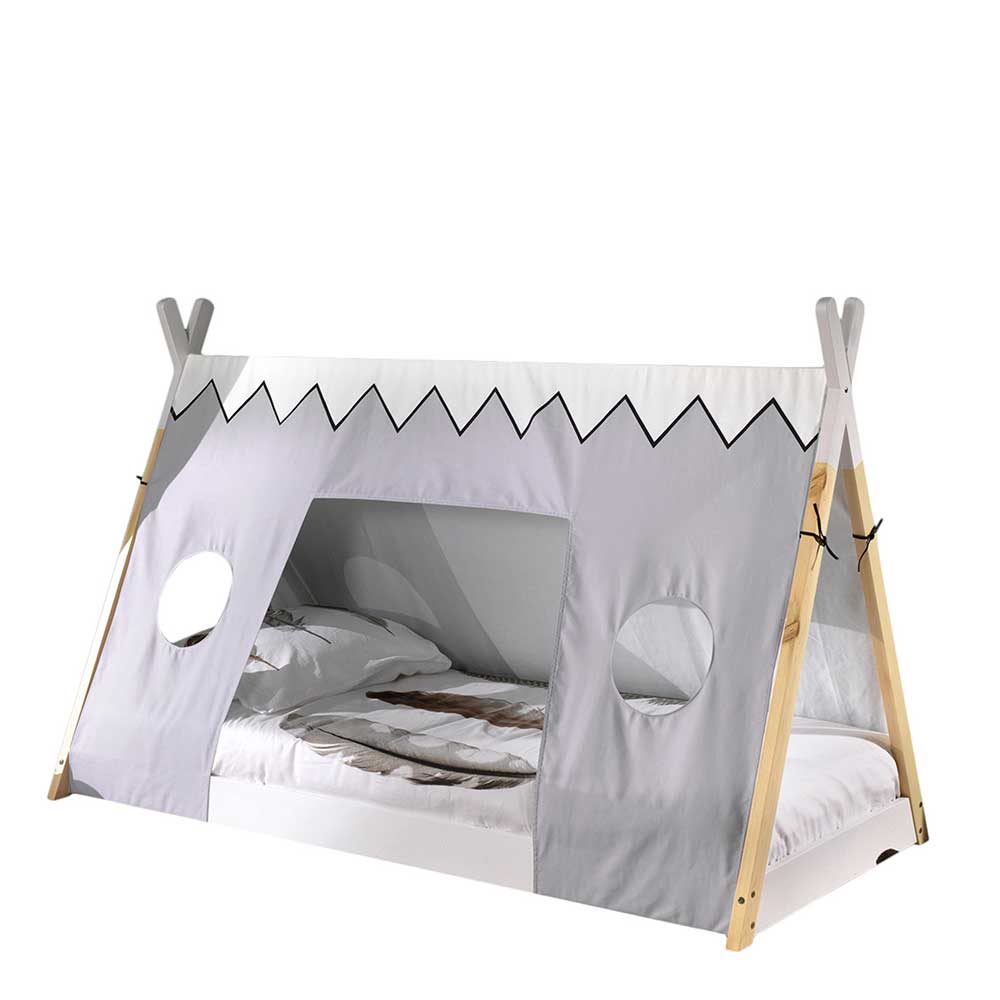 Bodentiefes Bett für Kinder in Zeltoptik mit Vorhang in Hellgrau & Weiß Nitrino