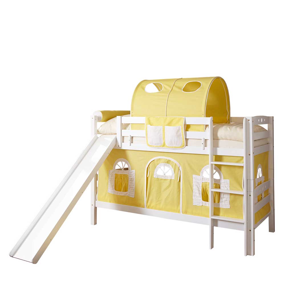 Buche Doppelhochbett in Weiß & Gelb mit Rutsche & Textil Set Linus